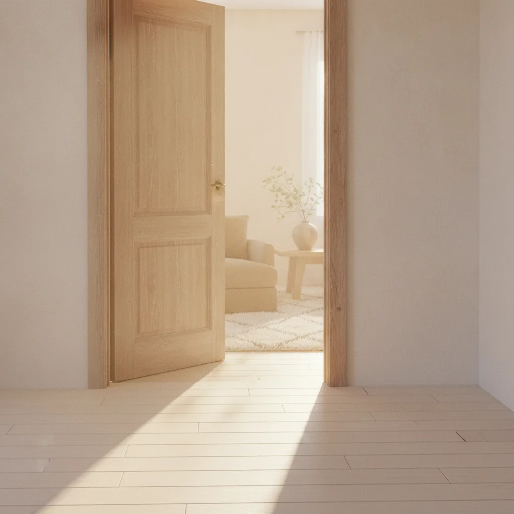 Una porta de fusta entreoberta amb llum daurada càlida, l'espai d'acollida