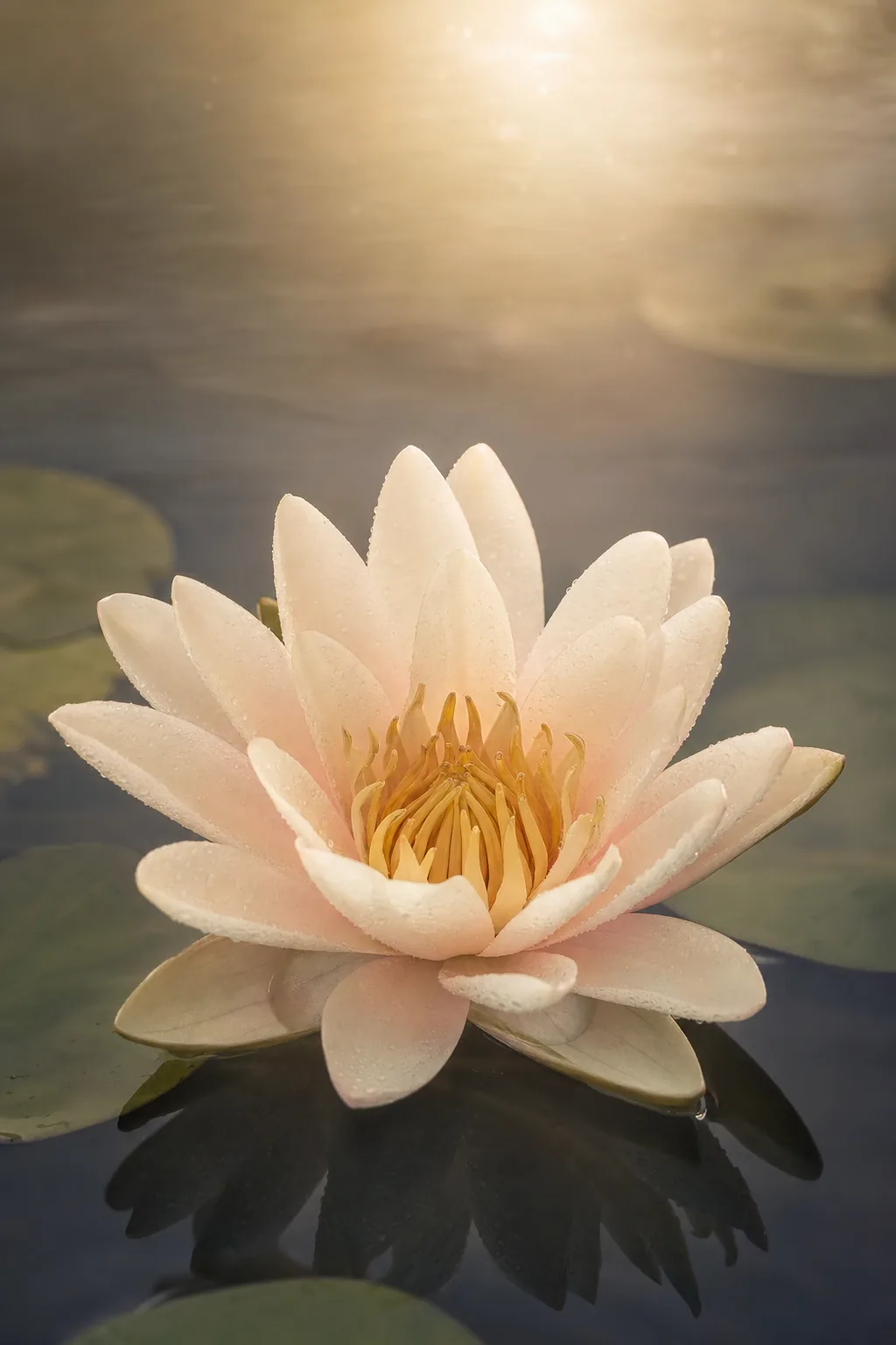 Una flor de lotus lluminosa amb gotes de rosada sobre aigua serena, la sessió